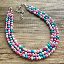 Load image into Gallery viewer, Cotton Candy Carnival Necklace, Pink & blue Gender Reveal Party Present, blush pink baby blue chunky beaded royal blue hot pink