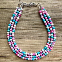 Load image into Gallery viewer, Cotton Candy Carnival Necklace, Pink & blue Gender Reveal Party Present, blush pink baby blue chunky beaded royal blue hot pink