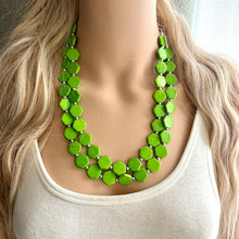 Load image into Gallery viewer, Bright Green Chunky Statement Necklace, Big beaded jewelry, 2 Strand Statement Bib necklace, silver geometric bridesmaid wedding earrings