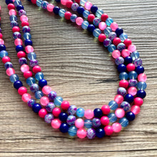 Load image into Gallery viewer, Cotton Candy Pier Necklace, Pink & blue Gender Reveal Party Present, blush pink baby blue chunky beaded royal blue hot pink earrings