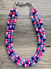 Load image into Gallery viewer, Cotton Candy Pier Necklace, Pink & blue Gender Reveal Party Present, blush pink baby blue chunky beaded royal blue hot pink earrings