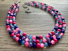Load image into Gallery viewer, Cotton Candy Pier Necklace, Pink & blue Gender Reveal Party Present, blush pink baby blue chunky beaded royal blue hot pink earrings