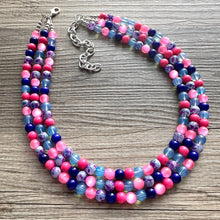 Load image into Gallery viewer, Cotton Candy Pier Necklace, Pink & blue Gender Reveal Party Present, blush pink baby blue chunky beaded royal blue hot pink earrings