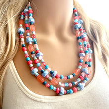 Load image into Gallery viewer, Cotton Candy Confetti Necklace, Pink & blue Baby Gender Reveal Party Present, blush pink baby blue chunky beaded necklace periwinkle coral