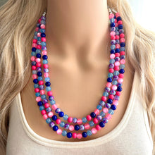 Load image into Gallery viewer, Cotton Candy Pier Necklace, Pink & blue Gender Reveal Party Present, blush pink baby blue chunky beaded royal blue hot pink earrings