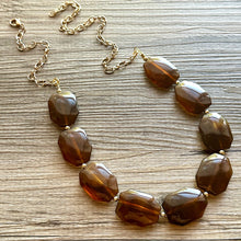 Load image into Gallery viewer, Bourbon Brown & Gold Long Necklace, dark brown bead necklace, single strand bib necklace, brown resin statement layering jewelry chocolate