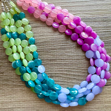 Load image into Gallery viewer, Bali Beach Resort Statement Necklace, Chunky 5 Strand Jewelry, purple pink blue necklace, bib beaded periwinkle collar blue bead lavender
