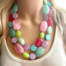 Load image into Gallery viewer, Unicorn Garden Chunky Statement Necklace, Big beaded jewelry, Double Strand pink purple Bib lime mint green bridesmaid wedding
