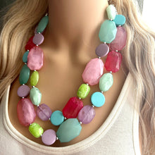 Load image into Gallery viewer, Unicorn Garden Chunky Statement Necklace, Big beaded jewelry, Double Strand pink purple Bib lime mint green bridesmaid wedding