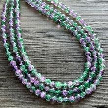 Load image into Gallery viewer, Purple & Green Ombré Necklace, 3 strand bright jewelry, glass big beaded chunky statement lavender purple mint green crackle