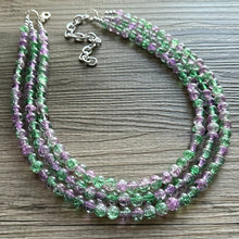 Load image into Gallery viewer, Purple & Green Ombré Necklace, 3 strand bright jewelry, glass big beaded chunky statement lavender purple mint green crackle