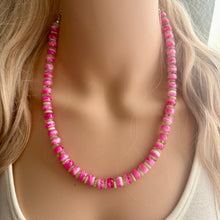 Load image into Gallery viewer, Hot Pink & Lime Green Beaded necklace, shiny beaded statement necklace, everyday pink light green chunky layering geometric single strand