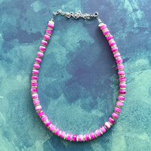Load image into Gallery viewer, Hot Pink & Lime Green Beaded necklace, shiny beaded statement necklace, everyday pink light green chunky layering geometric single strand