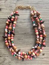 Load image into Gallery viewer, Cabin in the Woods Necklace, Coral Gold statement wood, chunky bib beaded jewelry 3 strand neutral, wooden traveler brown thick bib pink