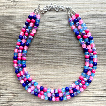 Load image into Gallery viewer, Cotton Candy Pier Necklace, Pink & blue Gender Reveal Party Present, blush pink baby blue chunky beaded royal blue hot pink earrings