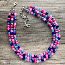 Load image into Gallery viewer, Cotton Candy Pier Necklace, Pink & blue Gender Reveal Party Present, blush pink baby blue chunky beaded royal blue hot pink earrings