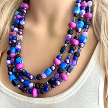 Load image into Gallery viewer, Midnight Rendezvous Necklace, Purple & Blue Statement Necklace, 3 strand chunky jewelry, dark blue navy cadet sparkle glass lavender
