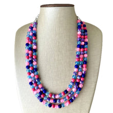 Load image into Gallery viewer, Cotton Candy Pier Necklace, Pink & blue Gender Reveal Party Present, blush pink baby blue chunky beaded royal blue hot pink earrings