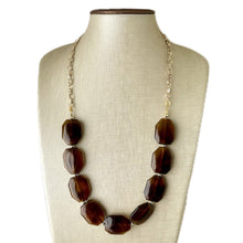 Load image into Gallery viewer, Bourbon Brown & Gold Long Necklace, dark brown bead necklace, single strand bib necklace, brown resin statement layering jewelry chocolate