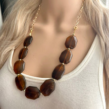 Load image into Gallery viewer, Bourbon Brown & Gold Long Necklace, dark brown bead necklace, single strand bib necklace, brown resin statement layering jewelry chocolate