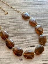 Load image into Gallery viewer, Bourbon Brown & Gold Long Necklace, dark brown bead necklace, single strand bib necklace, brown resin statement layering jewelry chocolate