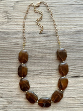 Load image into Gallery viewer, Bourbon Brown & Gold Long Necklace, dark brown bead necklace, single strand bib necklace, brown resin statement layering jewelry chocolate