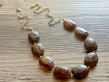 Load image into Gallery viewer, Bourbon Brown & Gold Long Necklace, dark brown bead necklace, single strand bib necklace, brown resin statement layering jewelry chocolate