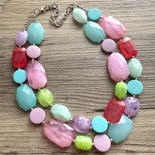 Load image into Gallery viewer, Unicorn Garden Chunky Statement Necklace, Big beaded jewelry, Double Strand pink purple Bib lime mint green bridesmaid wedding