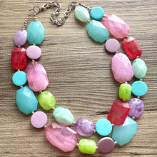 Load image into Gallery viewer, Unicorn Garden Chunky Statement Necklace, Big beaded jewelry, Double Strand pink purple Bib lime mint green bridesmaid wedding