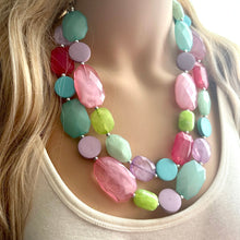 Load image into Gallery viewer, Unicorn Garden Chunky Statement Necklace, Big beaded jewelry, Double Strand pink purple Bib lime mint green bridesmaid wedding