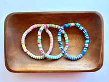 Load image into Gallery viewer, Vacation Bracelet Set, Blue Gray White Holiday Jewelry, Tropical Neon Gift Arm Candy Present, stocking stuffer clay stretch friendship