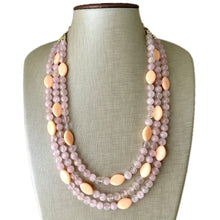Load image into Gallery viewer, Rose Quartz & Cantelope statement necklace, chunky bib beaded jewelry soft blush pink necklace, multi strand cream peach 3 strand glass