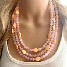 Load image into Gallery viewer, Rose Quartz & Cantelope statement necklace, chunky bib beaded jewelry soft blush pink necklace, multi strand cream peach 3 strand glass