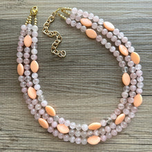 Load image into Gallery viewer, Rose Quartz & Cantelope statement necklace, chunky bib beaded jewelry soft blush pink necklace, multi strand cream peach 3 strand glass