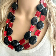 Load image into Gallery viewer, Black & Red Animal Print Statement Necklace, Extra chunky 2 strand jewelry, Geometric Beaded Jewelry, red bib shell necklace snakeskin swirl