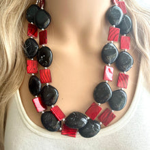 Load image into Gallery viewer, Black & Red Animal Print Statement Necklace, Extra chunky 2 strand jewelry, Geometric Beaded Jewelry, red bib shell necklace snakeskin swirl