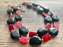 Load image into Gallery viewer, Black & Red Animal Print Statement Necklace, Extra chunky 2 strand jewelry, Geometric Beaded Jewelry, red bib shell necklace snakeskin swirl