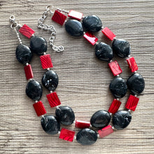 Load image into Gallery viewer, Black & Red Animal Print Statement Necklace, Extra chunky 2 strand jewelry, Geometric Beaded Jewelry, red bib shell necklace snakeskin swirl