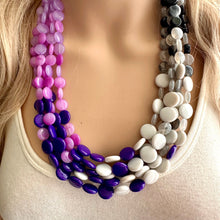 Load image into Gallery viewer, Purple Ombré statement necklace, chunky bib necklace, beaded jewelry lavender necklace, 5 strand gray white black jewelry eggplant lavender