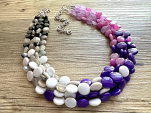 Load image into Gallery viewer, Purple Ombré statement necklace, chunky bib necklace, beaded jewelry lavender necklace, 5 strand gray white black jewelry eggplant lavender