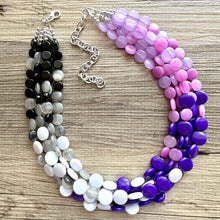 Load image into Gallery viewer, Purple Ombré statement necklace, chunky bib necklace, beaded jewelry lavender necklace, 5 strand gray white black jewelry eggplant lavender