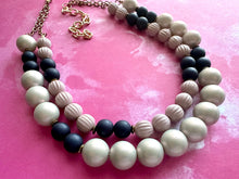 Load image into Gallery viewer, Navy Blue & Gold Chunky Statement Necklace, Big beaded jewelry, 2 Strand Statement Necklace, Bib dark baby blue beaded blush pink