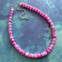 Load image into Gallery viewer, Hot Pink & Lime Green Beaded necklace, shiny beaded statement necklace, everyday pink light green chunky layering geometric single strand