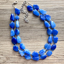 Load image into Gallery viewer, Royal Blue Double Strand Statement Necklace, Chunky dark blue Oval Beaded Bib Jewelry, blue jewelry, stone acrylic blue jewlery necklace