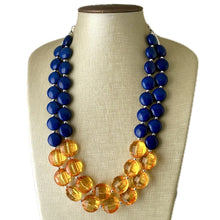 Load image into Gallery viewer, Orange & Blue Chunky Statement Necklace, Royal Blue Big bib beaded jewelry, 2 Strand Statement Necklace bib collar football game