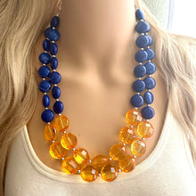 Load image into Gallery viewer, Orange & Blue Chunky Statement Necklace, Royal Blue Big bib beaded jewelry, 2 Strand Statement Necklace bib collar football game