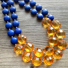 Load image into Gallery viewer, Orange & Blue Chunky Statement Necklace, Royal Blue Big bib beaded jewelry, 2 Strand Statement Necklace bib collar football game