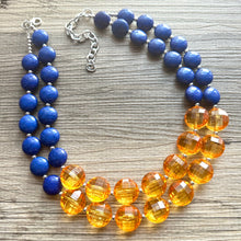 Load image into Gallery viewer, Orange & Blue Chunky Statement Necklace, Royal Blue Big bib beaded jewelry, 2 Strand Statement Necklace bib collar football game