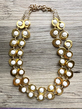 Load image into Gallery viewer, Pearl & Gold Chunky Statement Necklace, 2 Strand Beaded Jewelry golden jewelry, bridesmaid wedding bib rose gold white pearl double shiny