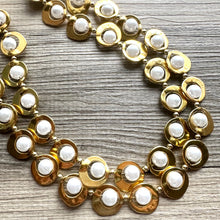 Load image into Gallery viewer, Pearl & Gold Chunky Statement Necklace, 2 Strand Beaded Jewelry golden jewelry, bridesmaid wedding bib rose gold white pearl double shiny